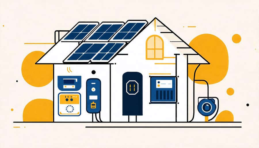 Diagram showing the integration of solar panels, smart meters, and energy storage in a solar smart home