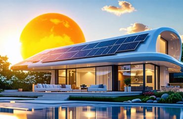 A futuristic house with solar panels and smart home technology icons symbolizing renewable energy and intelligent automation.