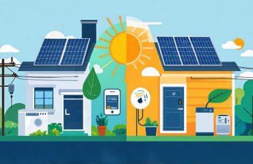 Illustration showing a home transitioning from traditional to solar smart technology, including solar panels, smart appliances, and real-time energy data monitoring, emphasizing sustainable living.