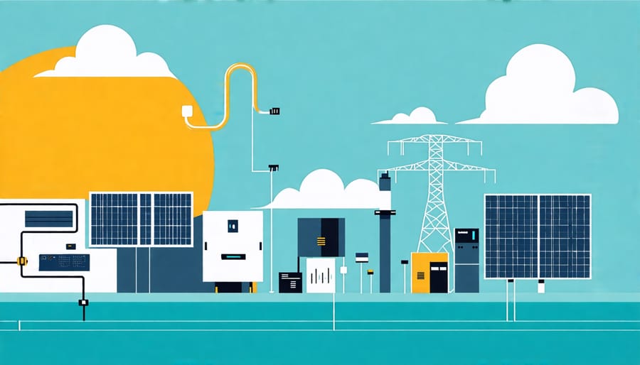 Illustration of a solar energy storage system setup with panels, inverter, and battery bank