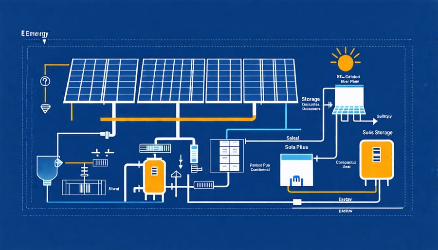 Illustration of a solar energy system with battery storage and bi-directional inverter