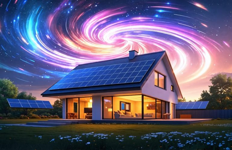 Conceptual illustration of a house with solar panels under a dynamic aurora-like display, representing preparedness against solar storms.