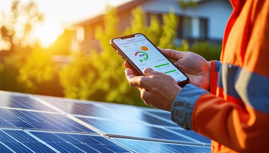 A person using a smartphone to check their solar energy monitoring app