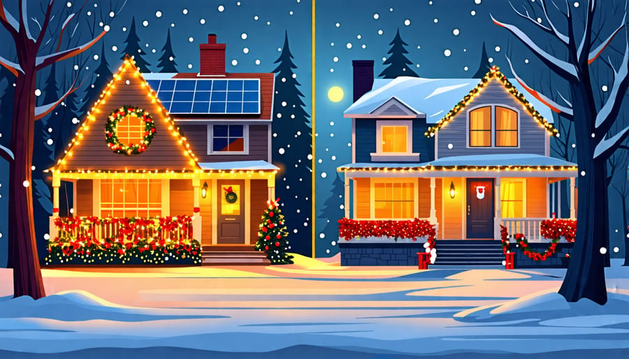 Side-by-side comparison demonstrating the energy and cost benefits of solar Christmas lights over traditional ones