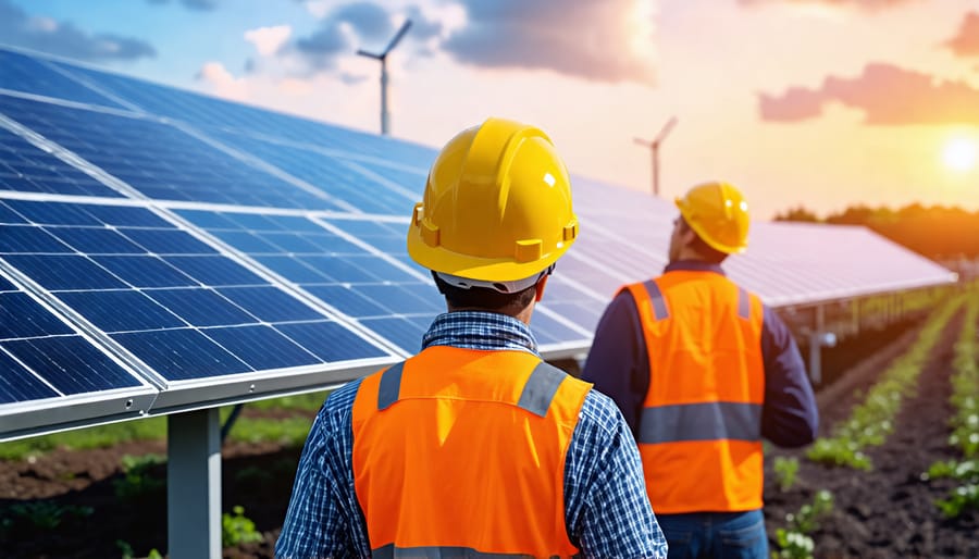 Solar panel installers wearing protective gear and using safety equipment