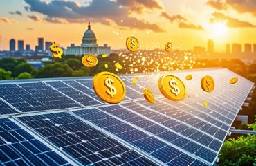 A rooftop adorned with solar panels basking in bright sunlight, intertwining with symbols of money to depict the financial benefits and sustainability of solar panel grants.