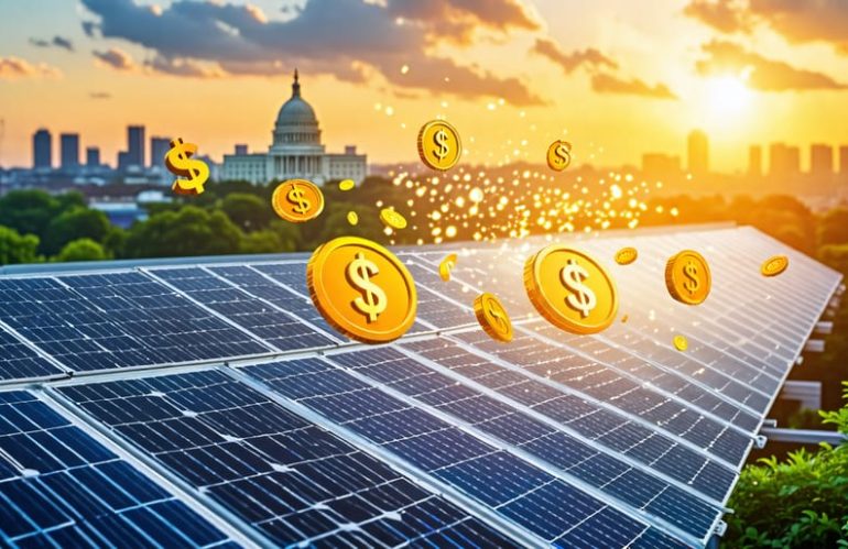 A rooftop adorned with solar panels basking in bright sunlight, intertwining with symbols of money to depict the financial benefits and sustainability of solar panel grants.