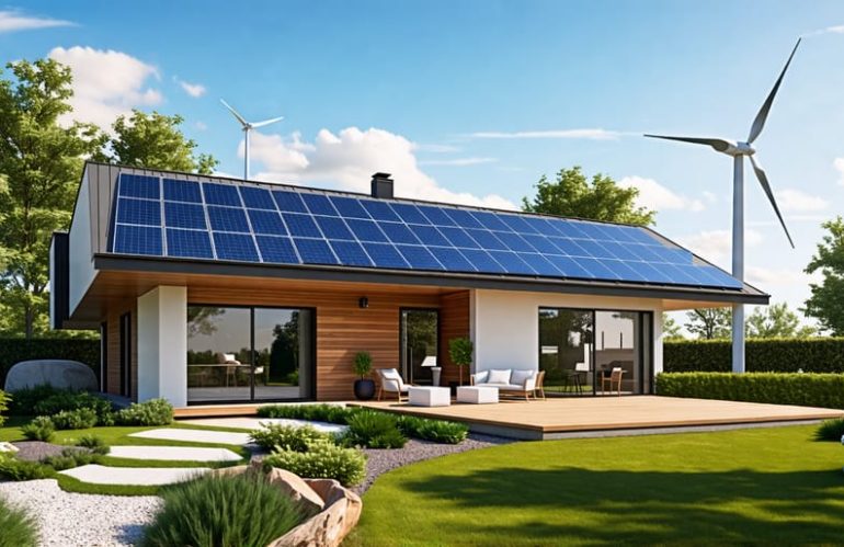 A contemporary house equipped with solar panels on the roof and a wind turbine in the backyard, representing the use of renewable energy sources for residential power generation.