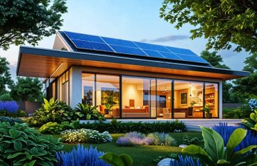 An eco-friendly home with rooftop solar panels and a battery storage unit, exemplifying a smart microgrid system amidst green surroundings.