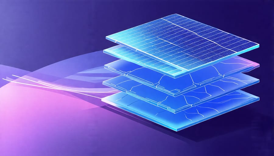 Schematic cross-section of a tandem photovoltaic panel combining perovskite and silicon.