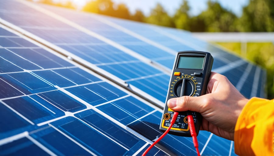 Demonstration of using a multimeter to troubleshoot solar panel issues