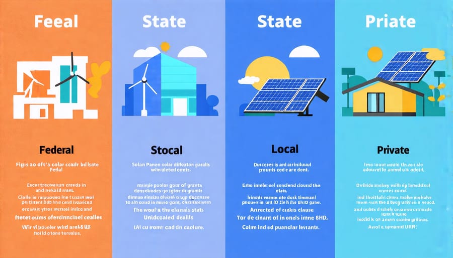 Infographic showing a comparison of federal, state, local government, and private solar panel grants