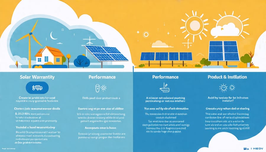 Infographic showing types of solar panel warranties: performance, product, installation.