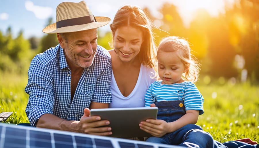 Family using a tablet to review solar monitoring information, illustrating user-friendly technology