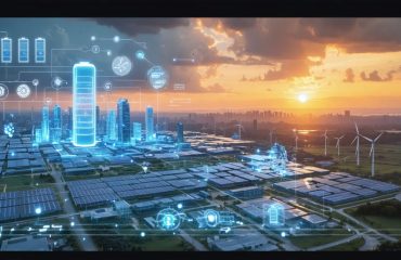 Conceptual illustration of a futuristic city powered by advanced battery technologies, including symbols of solid-state batteries, silicon anodes, and integrated renewable energy.