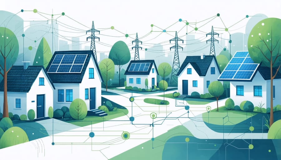 Conceptual representation of homes in a neighborhood connected by a blockchain-based peer-to-peer energy trading network