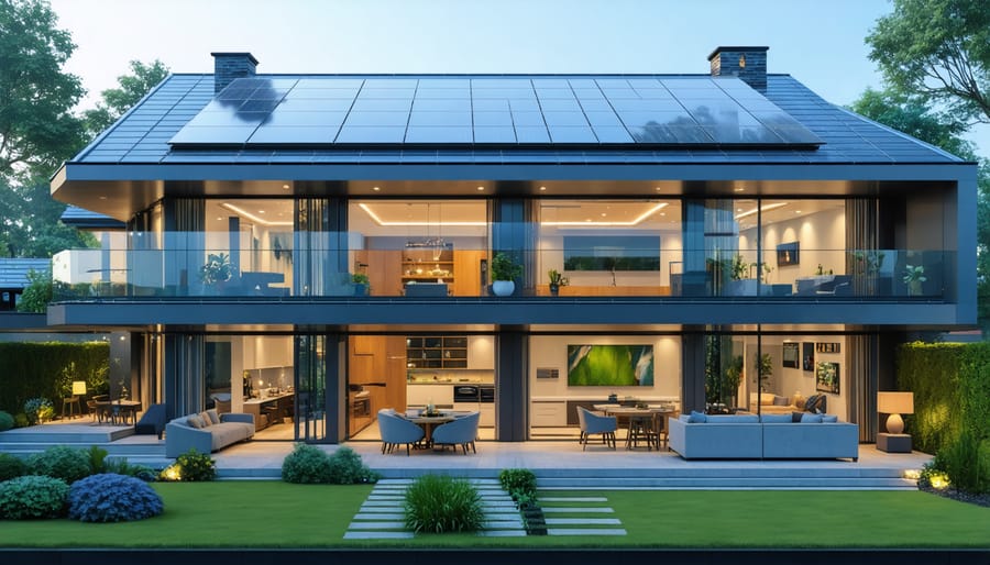 Modern home featuring transparent solar panels on windows and balcony railings