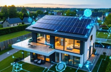 Modern home with rooftop solar panels, transparent solar panels on windows, a visible solid-state battery system, and digital lines representing energy trading connections, set against a green landscape.