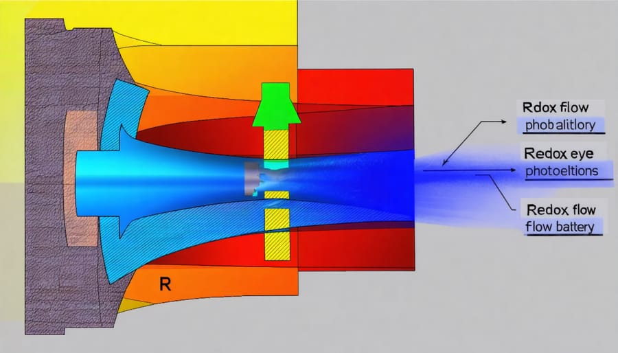 Schematic representation of a redox flow battery's components and operating principles