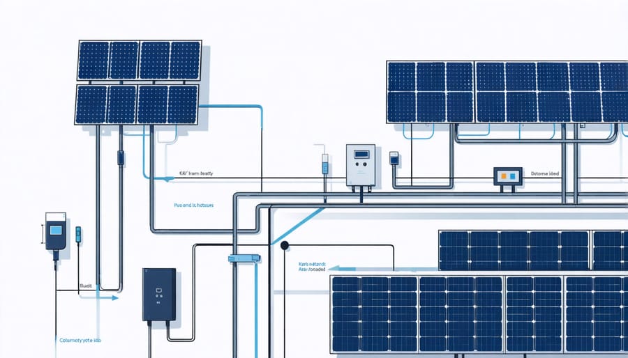 Diagram of a solar panel system connected to battery storage for excess energy