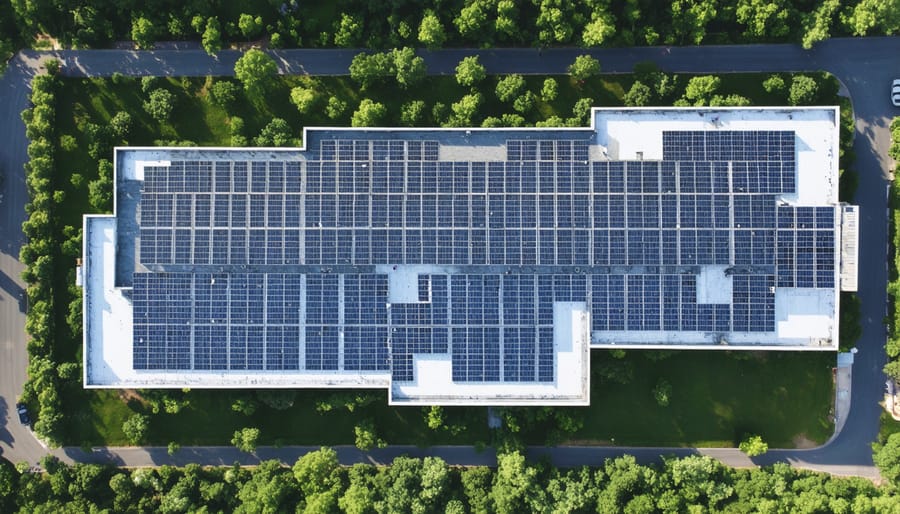 Solar panels installed on the roof of a multi-story apartment building