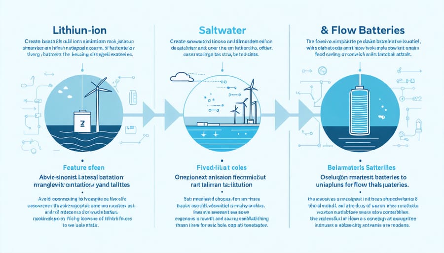 Comparison infographic of lithium-ion, saltwater, and flow batteries for energy storage