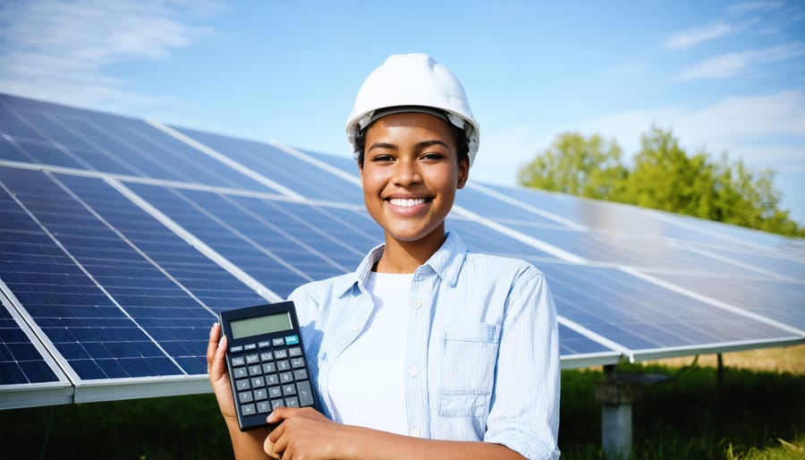 Person calculating solar savings next to solar panels