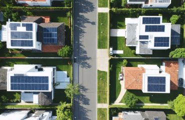 Aerial view of residential neighborhood with varied solar panel setups, depicting different system sizes and roof orientations on homes.