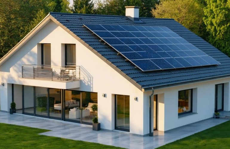 A family home with solar panels on the roof, surrounded by lush green vegetation, illustrating the eco-friendly benefits of solar energy.