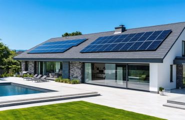 A luxurious modern home featuring solar roof tiles that blend seamlessly with the architecture, showcasing a green and sustainable energy solution.