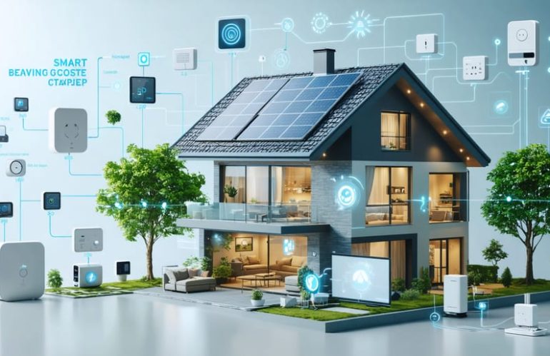 Conceptual image of a smart home energy management system integrated with smart devices and solar panels, demonstrating efficient energy usage and cost savings.