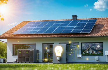 Illustration of a house with solar panels on the roof and a battery storage system, capturing and storing solar energy to provide continuous, independent power.