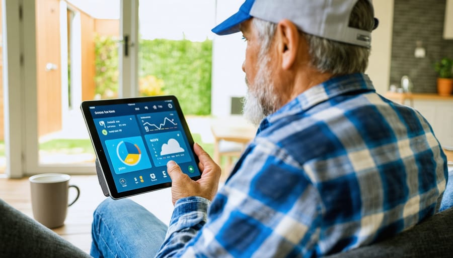 Person checking home energy monitor app on a tablet device