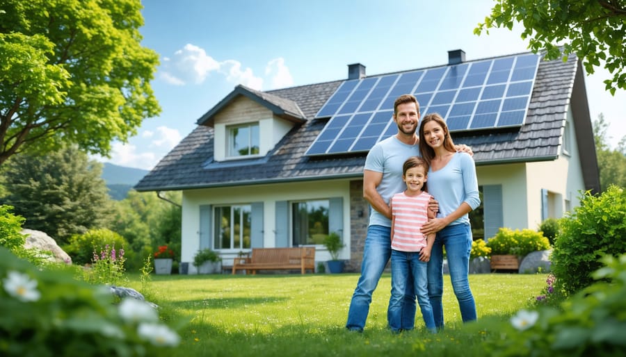 Family proudly displaying their home with non-toxic solar panels, emphasizing the environmental benefits