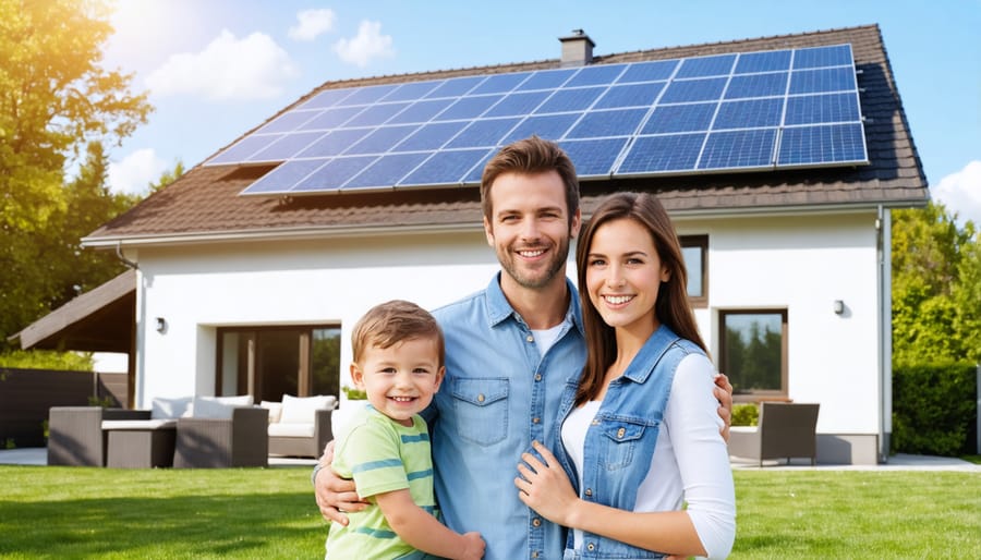 Happy family showcasing their home's solar panel installation