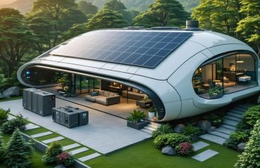 A modern home powered by solar panels and cutting-edge battery storage in a green setting, representing advanced energy storage solutions.