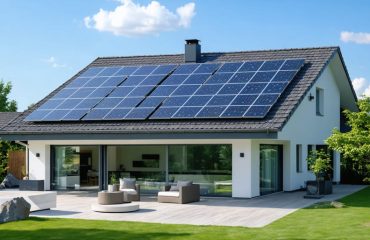 Modern eco-friendly home with solar panels on the roof under a bright sunlit sky, representing sustainability and energy independence.