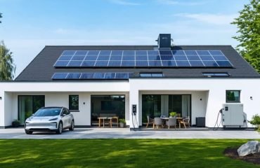 A residential home equipped with rooftop solar panels, a solar battery storage unit, an electric vehicle charging station, and a solar water heater, illustrating integrated solar solutions.