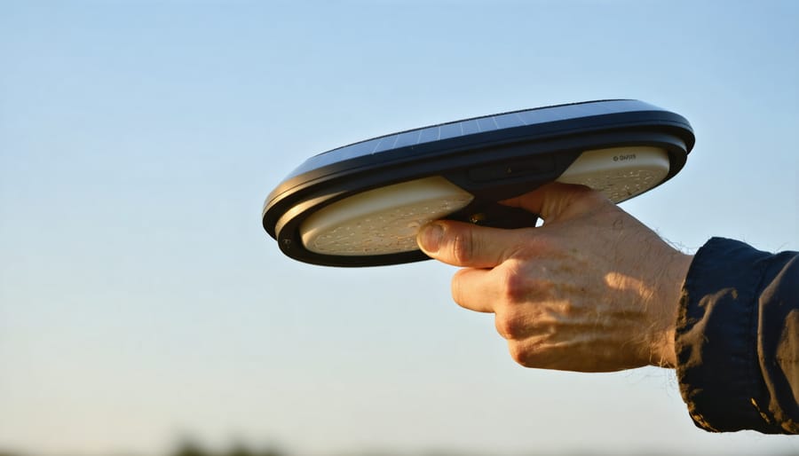 Hand pointing to the on/off switch on the bottom of a solar light.