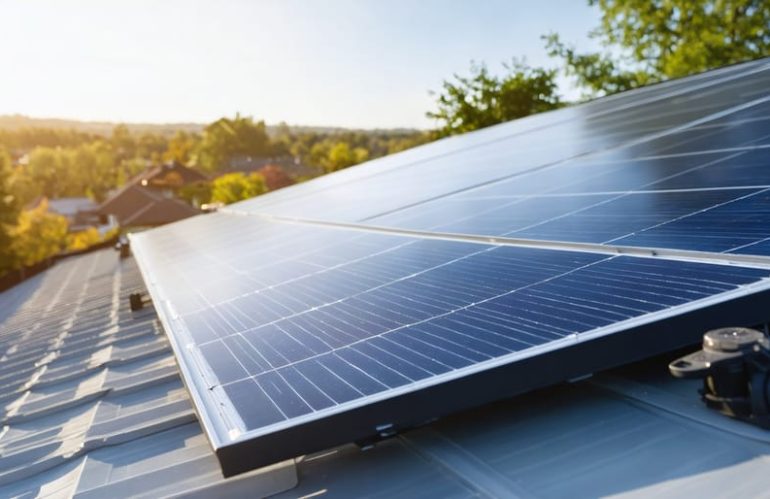 A residential rooftop with an NFPA-compliant solar panel installation, showcasing safety features like grounding, firefighter roof access, and disconnect switches.