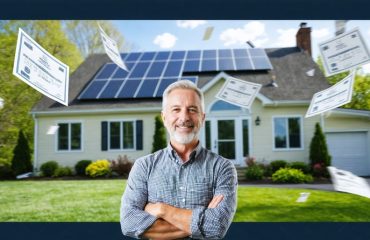 "Homeowner in New Jersey smiling in front of their solar-powered home, with digital symbols of Solar Renewable Energy Certificates representing financial and environmental benefits."