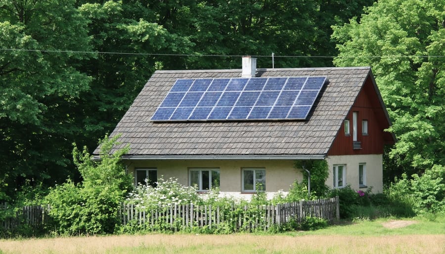 Off-grid home powered by solar panels in a scenic rural setting