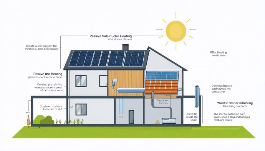 Illustration of passive solar heating principles in home design