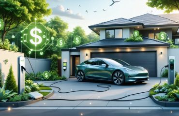 Illustration of an electric vehicle charging at a home station with symbols of savings and environmental benefits.