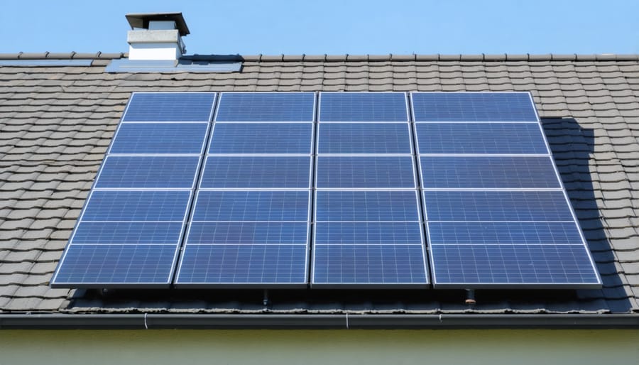 Solar photovoltaic panels mounted on a residential rooftop