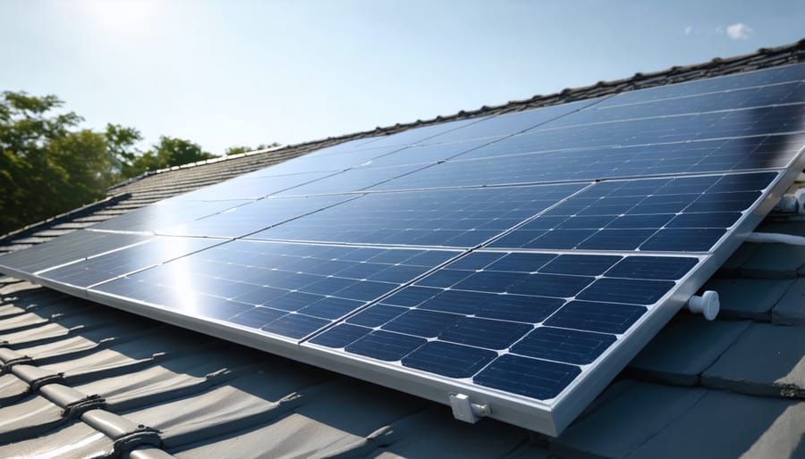 Solar panel array on a house roof generating electricity on a sunny day