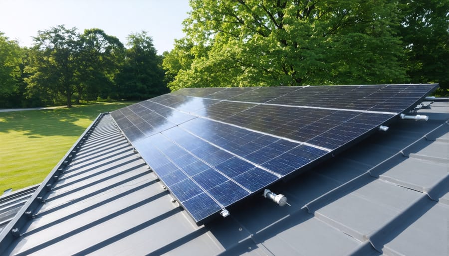 Rooftop solar panels on a house with a green yard, illustrating the environmental benefits.