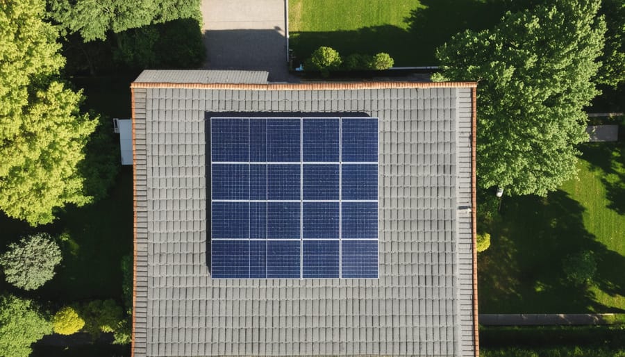 Residential roof with solar panel array showing ideal sun exposure and orientation