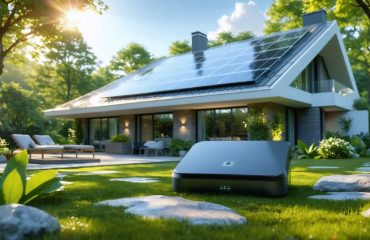 A modern house with solar panels on the roof and a smart home hub in the foreground, illustrating the integration of solar energy and smart home technology.