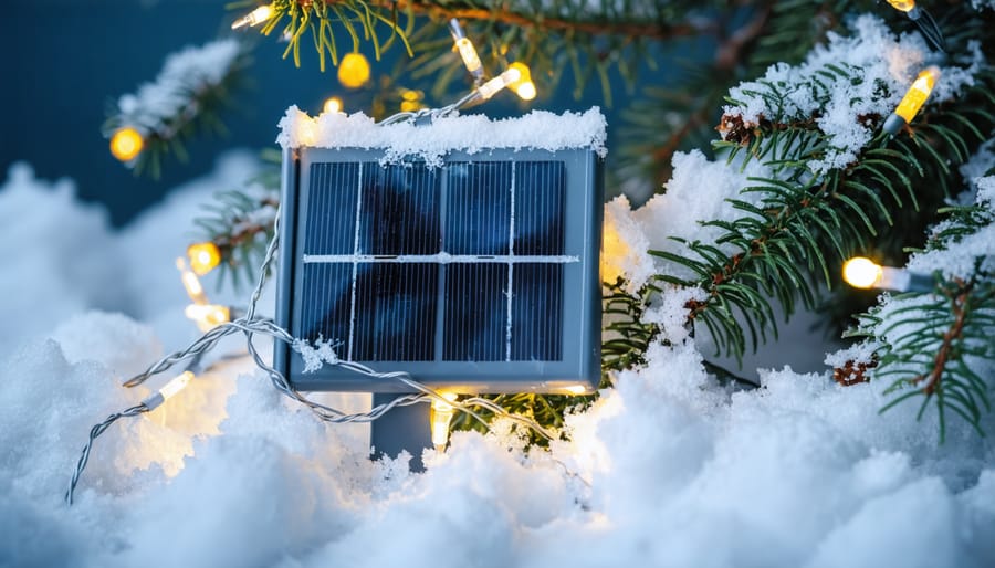 Snow-covered solar panel on Christmas lights